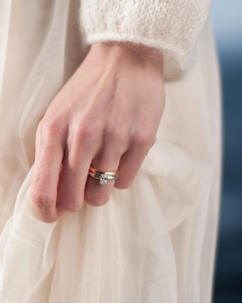 Närbild på en hand med en slätring i guld och en solitär diamantring i vitguld.