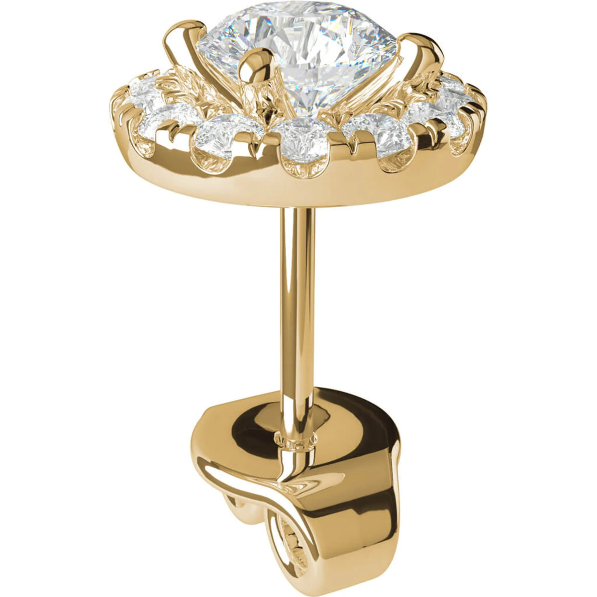 Produktbild på diamantörhänge från sidan, infattad i en halo med en 0.30ct och 14x0.01 lab grown diamanter i gulguld