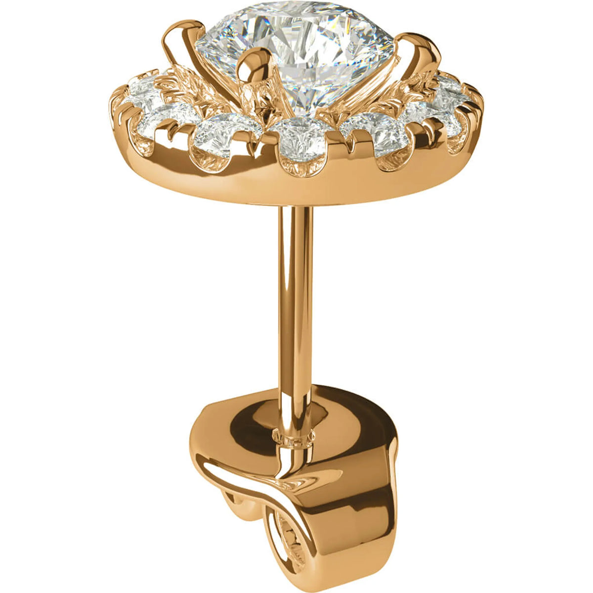 Produktbild på diamantörhänge från sidan, infattad i en halo med en 0.30ct och 14x0.01 lab grown diamanter i rödguld