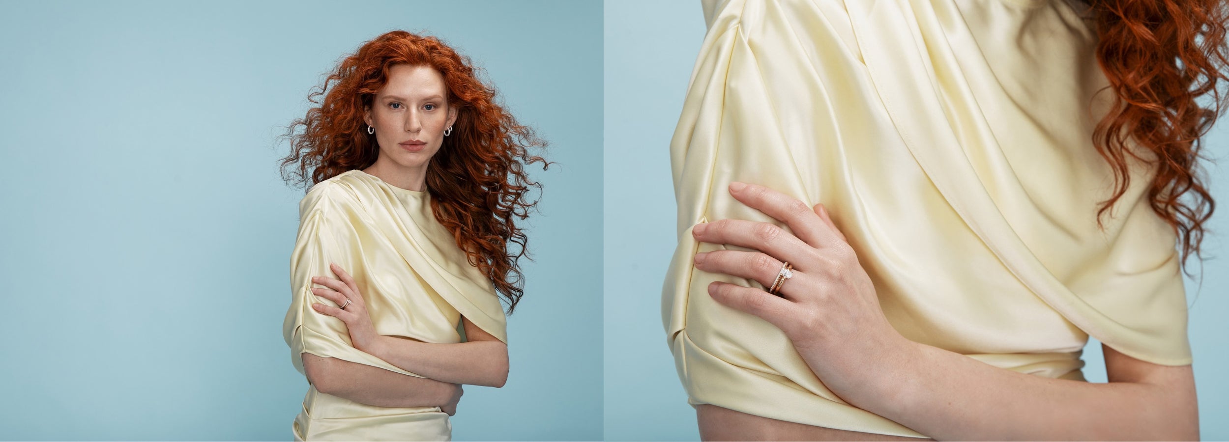 Aure Pavé och Aure Solitaire ringar i guld, en pavéring tillsammans med en solitärring med diamant