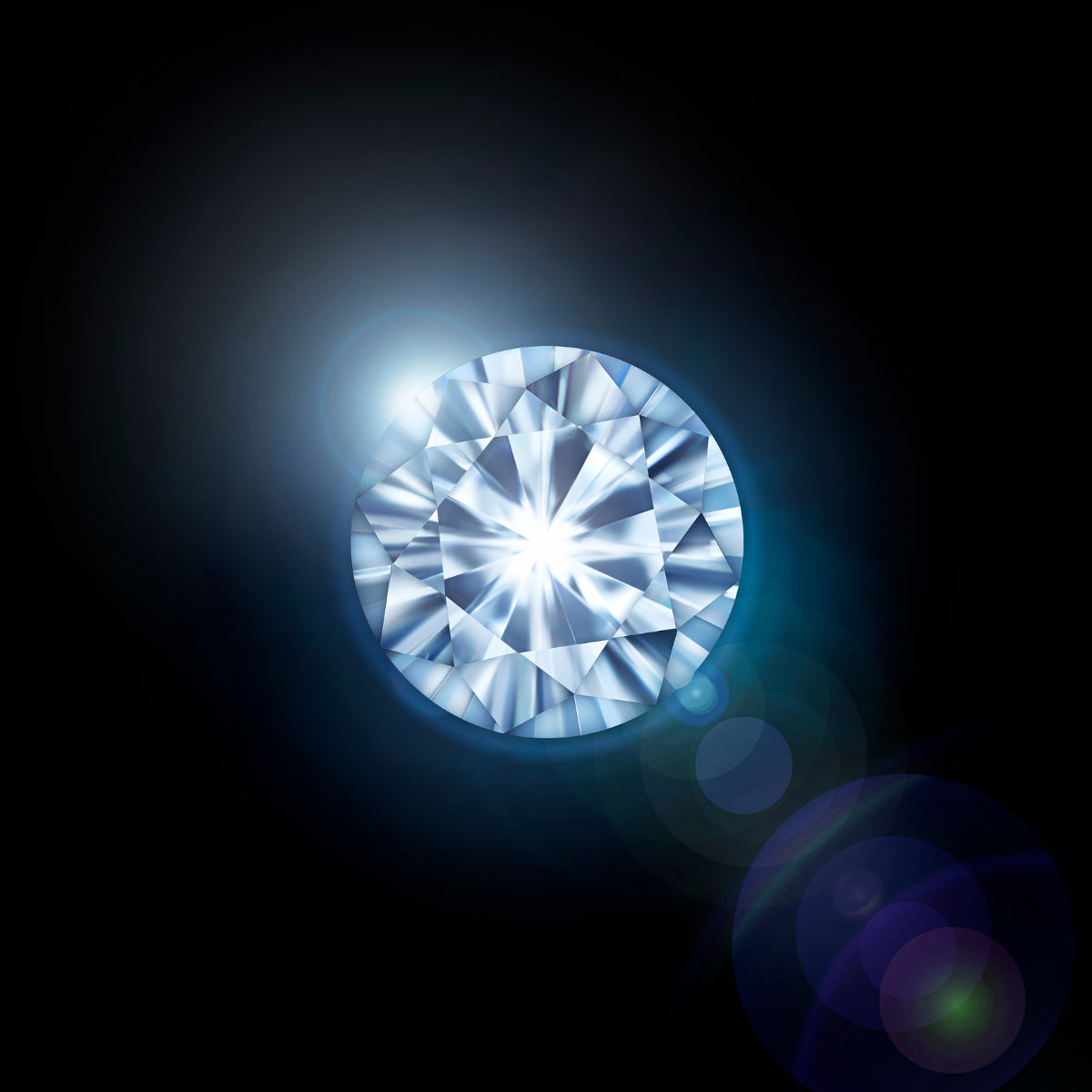 Närbild av briljantslipad diamant med ljusreflektioner och gnistrande fasetter