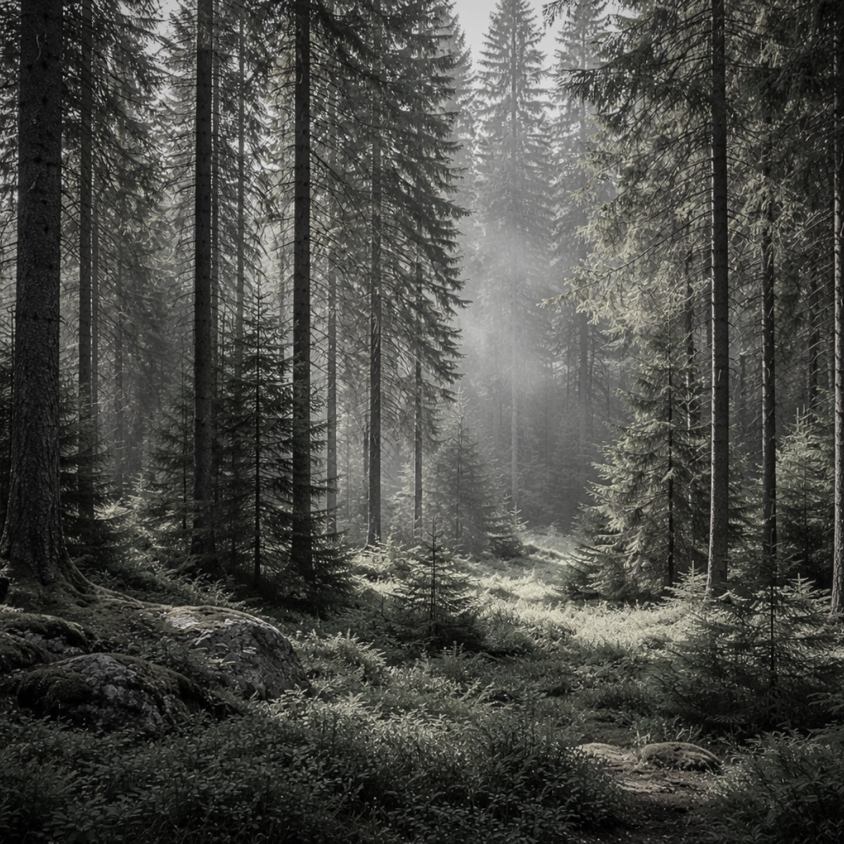 Skog i Jämtland Sverige med mjukt ljus mellan träden en naturlig miljö som inspirerar