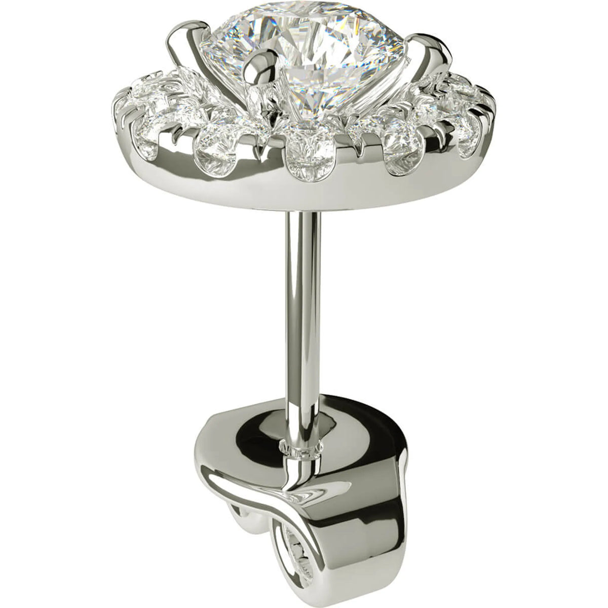Produktbild på diamantörhänge från sidan, infattad i en halo med en 0.30ct och 14x0.01 lab grown diamanter diamanter i platina