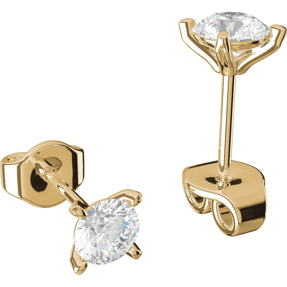 Diamantörhängen i 18K gult guld med lab grown diamanter, 2 x 0,30 ct, visade i profil med synliga stift och snurrebuss.