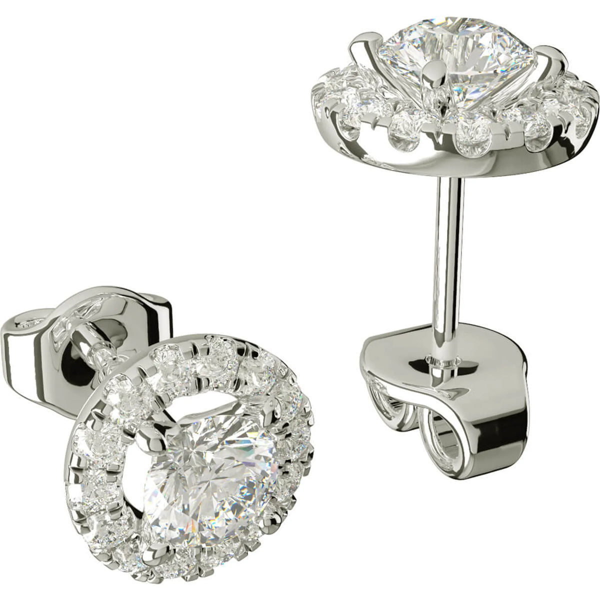 Diamantörhängen med halo i platina, infattade med naturliga diamanter, 2 x 0,30 ct och 28 x 0,01 ct, visade framifrån och i profil.