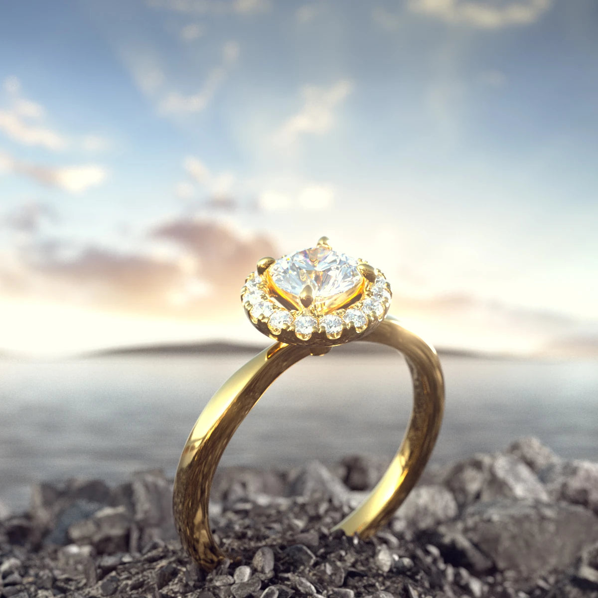 En bild på en vacker förlovningsring i röd guld med stor labbodlad diamant och mindre omringande labbodlade i formen av en cirkel. Kvällssol i bakgrunden.diamanter 