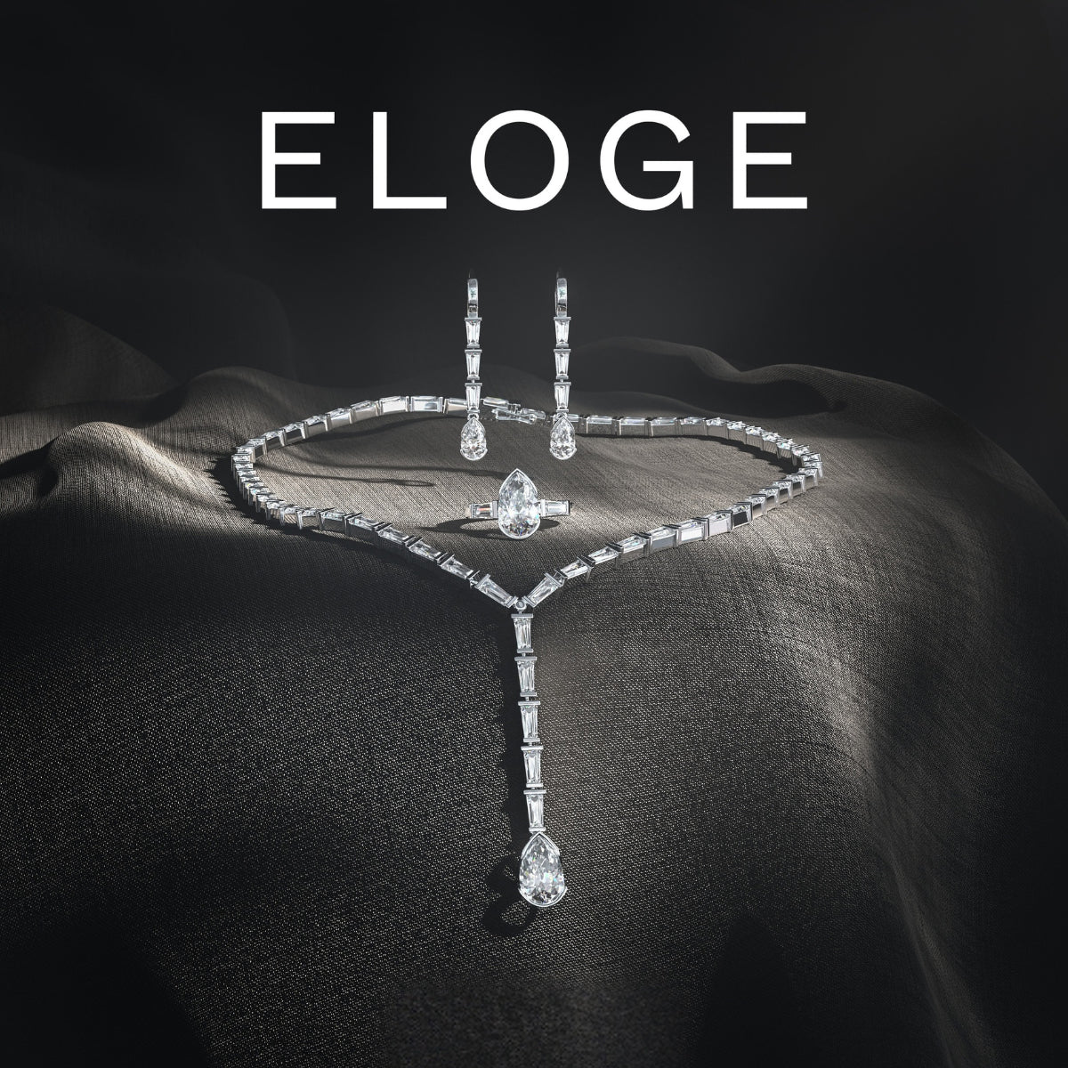 Jubileumskollektionen Eloge från Schalins med diamantsmycken i form av halsband, örhängen och ring i elegant design